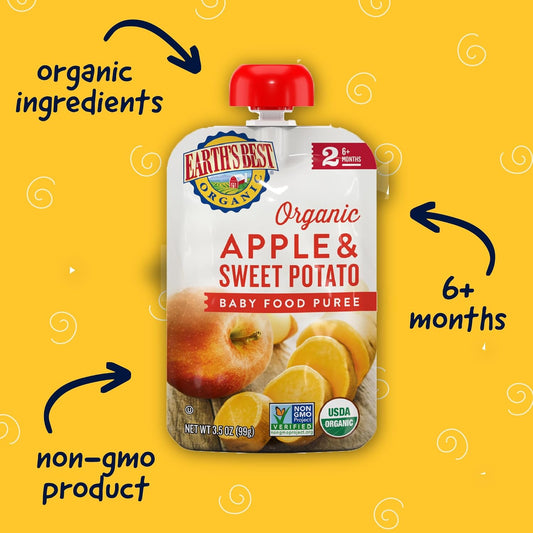 Earth'S Best Organic Baby Food Pouches, Stage 2 Fruit And Vegetable Puree For Babies 6 Months And Older, Organic Sweet Potato And Apple Puree, 3.5 Oz Resealable Pouch (Pack Of 16) (Packaging May Vary)