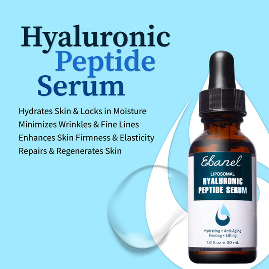 Ebanel Hyaluronic Acid Serum For Face With Peptides, Deep Hydrating Anti Aging Serum, Visibly Plump, Firm & Smooth Skin, Reduce Redness With Vitamin C, E And B5, Niacinamide, Aloe, Jojoba Oil, Msm