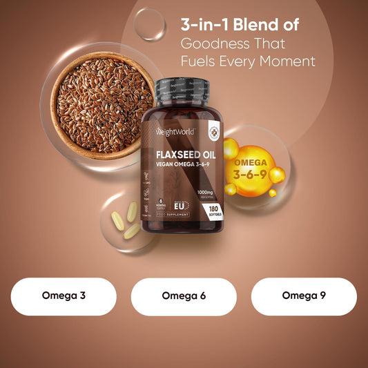 Flaxseed Oil Softgels - 180 Softgels - Cold-Pressed & Vegan Omega 3 6 9 Capsules - Fish Oil Alternative - Linseed Oil, Linoleic & Oleic Acid