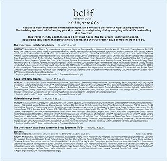 Belif Hydrate & Go Kit, Moisturizing Bomb Face Cream, Jelly Cleanser, Eye Bomb Cream, Hydrating Spf 50 Sunscreen, Travel Tsa Friendly Kit, Glowy & Bouncy Finish, Korean Skin Care