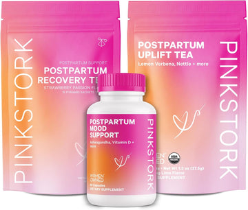 Pink Stork Postpartum Essentials For Hormone Balance, Recovery, And Mood Support For Women - Postnatal Vitamins With Ashwagandha, Raspberry Leaf Tea, And Chamomile Tea - Gifts For New Mom - Set Of 3