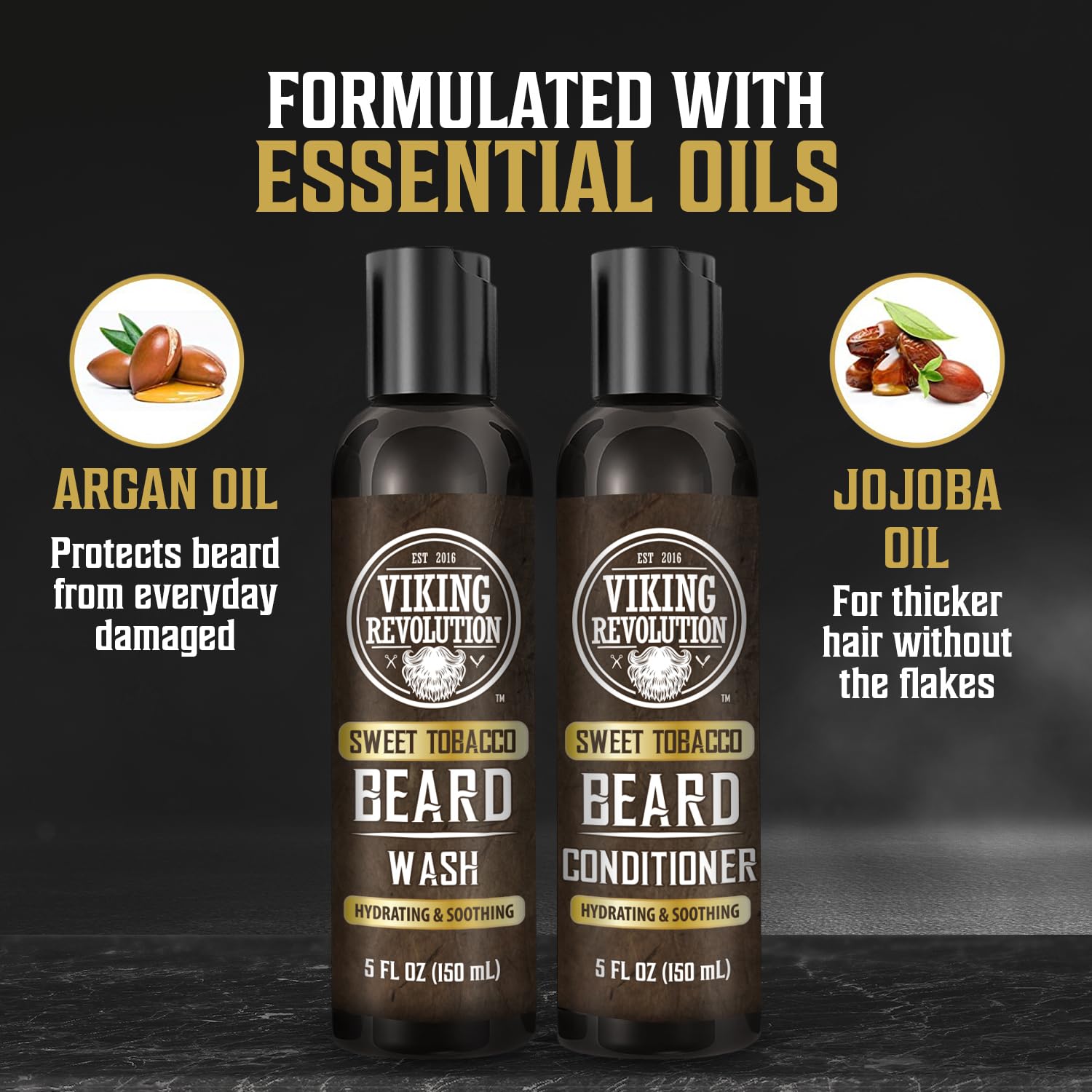 Viking Revolution Beard Wash and Beard Conditioner for Men with Argan Oil and Jojoba Oil - Beard Softener and Strengthener Beard Care Beard Shampoo and Conditioner with Beard Oil (5oz, Sweet Tobacco) : Beauty & Personal Care