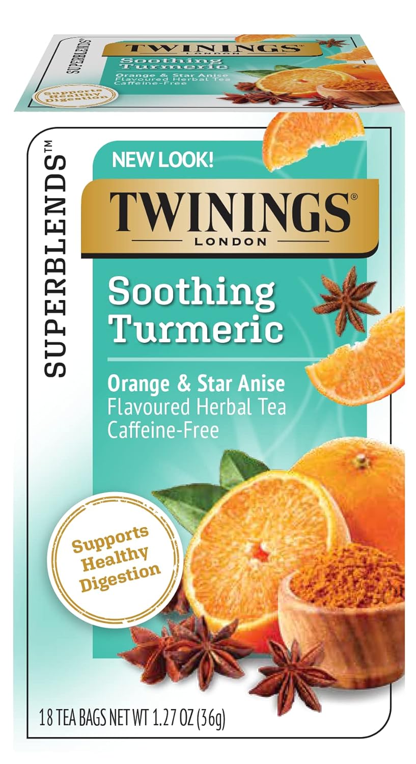 Twinings Superblends Soothing Turmeric Orange & Star Anise Flavoured Herbal Tea Caffeine-Free, 18 Tea Bags (Pack Of 6), Enjoy Hot Or Iced