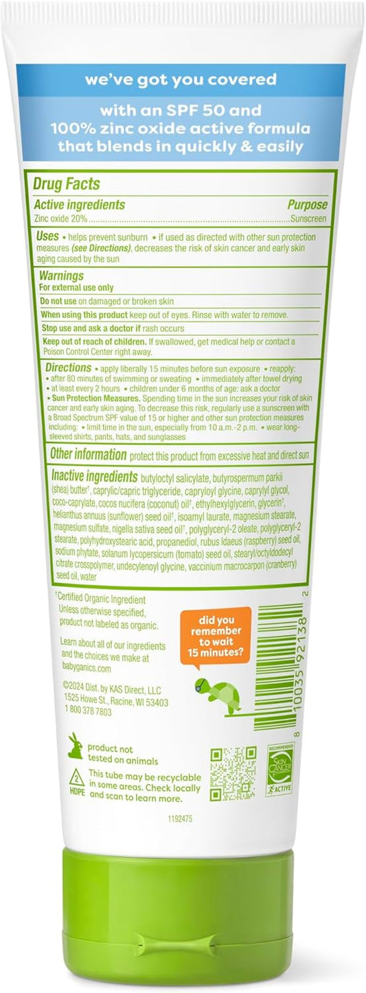 Babyganics Spf 50 Mineral Sunscreen Lotion, Sheer Blend, Uva Uvb Protection, Octinoxate & Oxybenzone Free, Water Resistant, Fragrance Free, 8 Oz