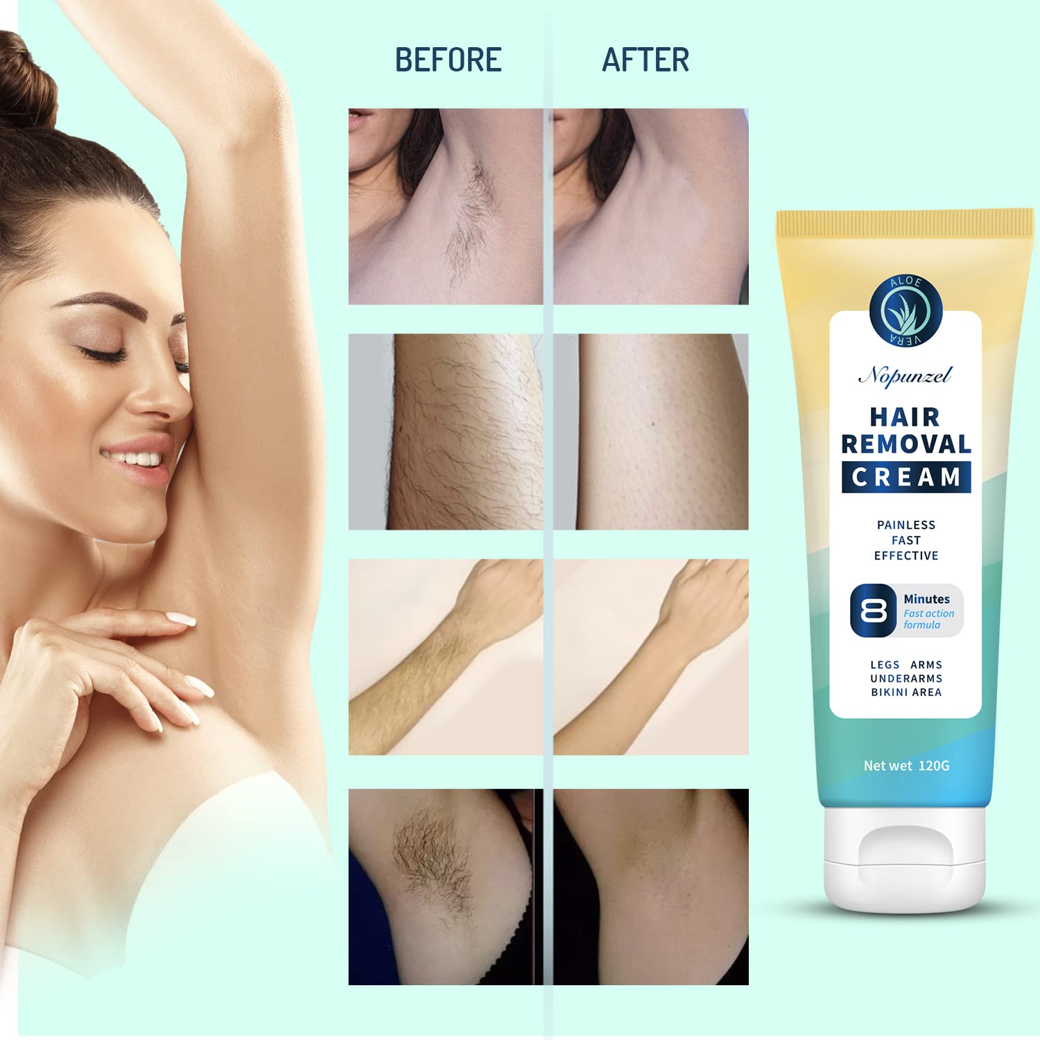 Nopunzel Hair Removal Cream: Hair Removal For Women and Men - Painless Hair Remover Cream for Pubic Hair - Private Areas Bikini Area Body Legs Arms Underarms - Skin Friendly - Depilatory Cream - 120g : Beauty & Personal Care