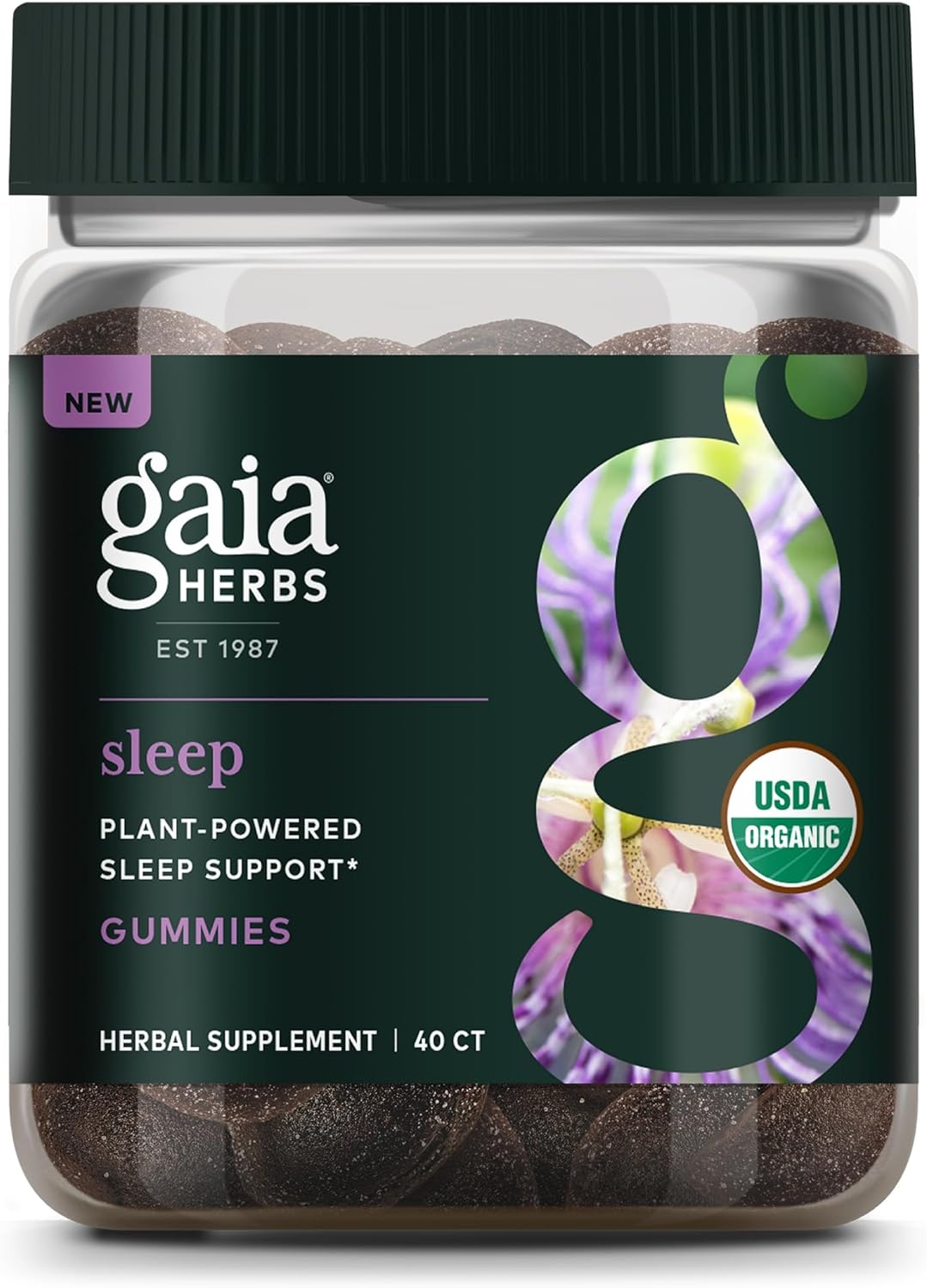 Gaia Herbs Organic Sleep Gummies, Sleep Support, Ashwagandha, Organic Reishi Mushroom, Passionflower, Usda Certified Organic, Non-Gmo, Gluten Free, Vegan, 40 Count