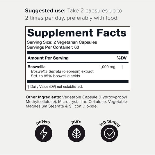 Toniiq Ultra High Strength Boswellia Capsules - 85% Boswellic Acids - Wildcrafted From India - 1000Mg Concentrated Extract - Highly Purified And Bioavailable - 120 Veggie Capsules
