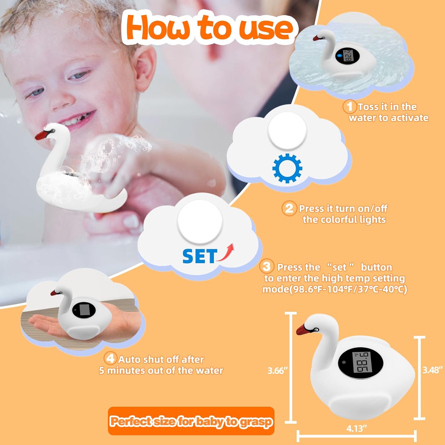 Pircaath Baby Bath Thermometer with Colorful Lights, Rechargeable Bath Thermometer Baby Safety, Swan Baby Bath Temperature Toy, BPA-Free Baby Bathtub Water Thermometer for Newborn, Infants, Pregnancy : Baby