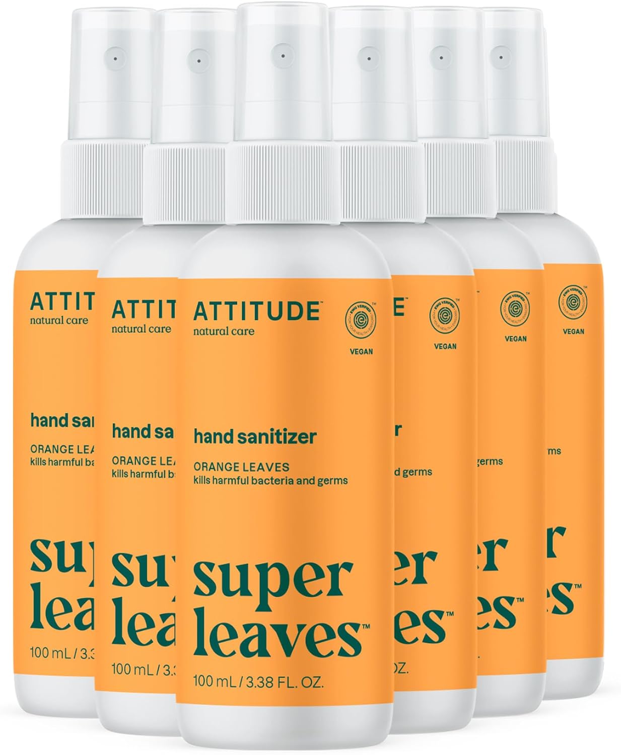 ATTITUDE Hand Sanitizer Spray for Adults and Kids, EWG Verified, Kills Bacteria and Germs, Vegan, Orange Leaves, 3.38 Fl Oz (Spray Bottle) (Pack of 6)