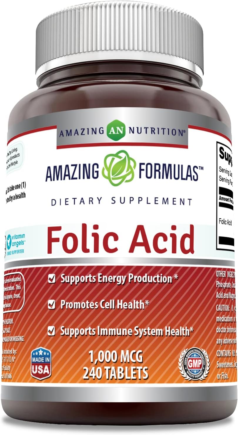 Amazing Formulas Folic Acid 1000 mcg (1 mg) 240 Tablets Supplement | Vitamin B9 | Non-GMO | Gluten Free | Made in USA