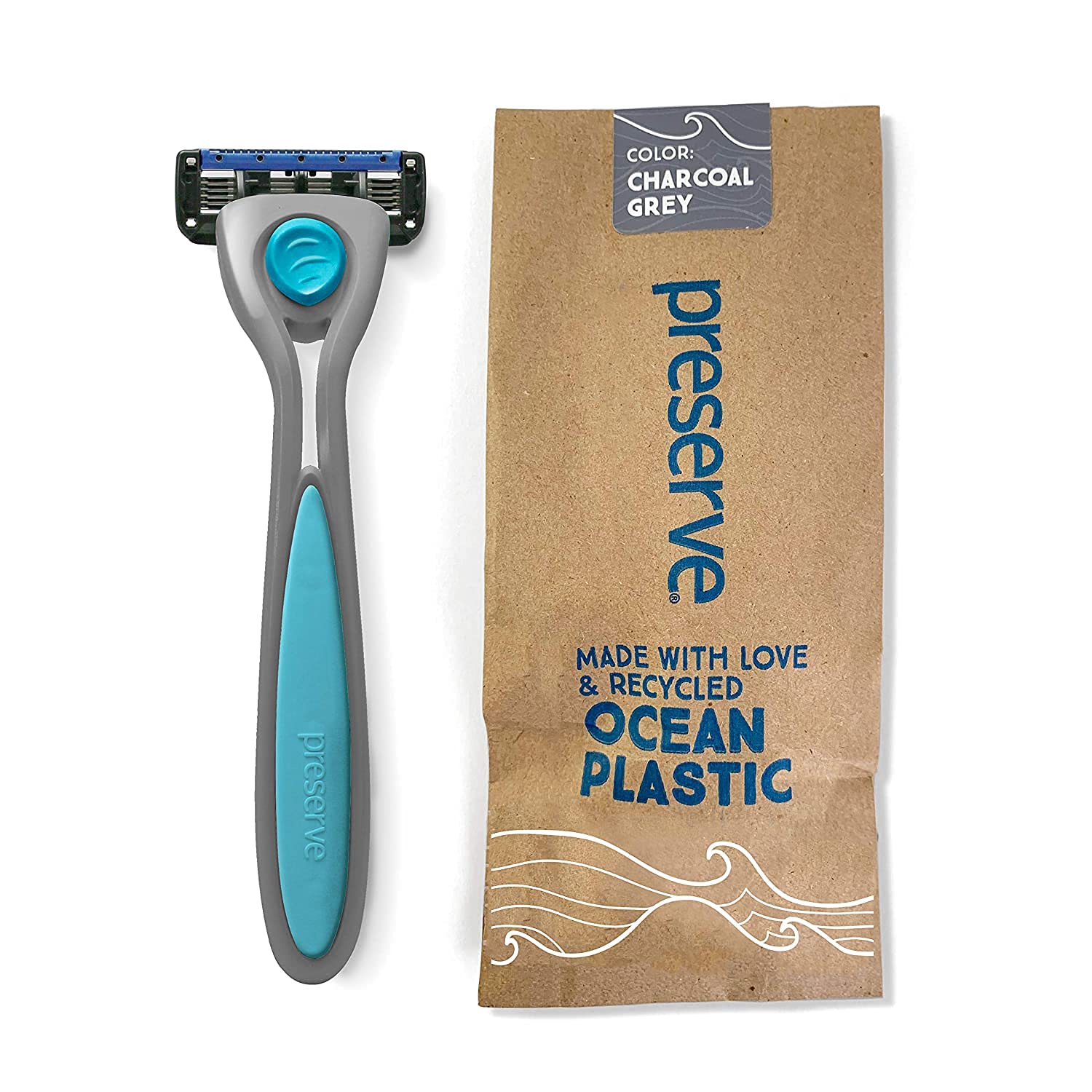 Preserve Popi Shave 5 Razor System Made With Recycled Ocean Plastic And 5-Blade Cartridge, Charcoal Grey