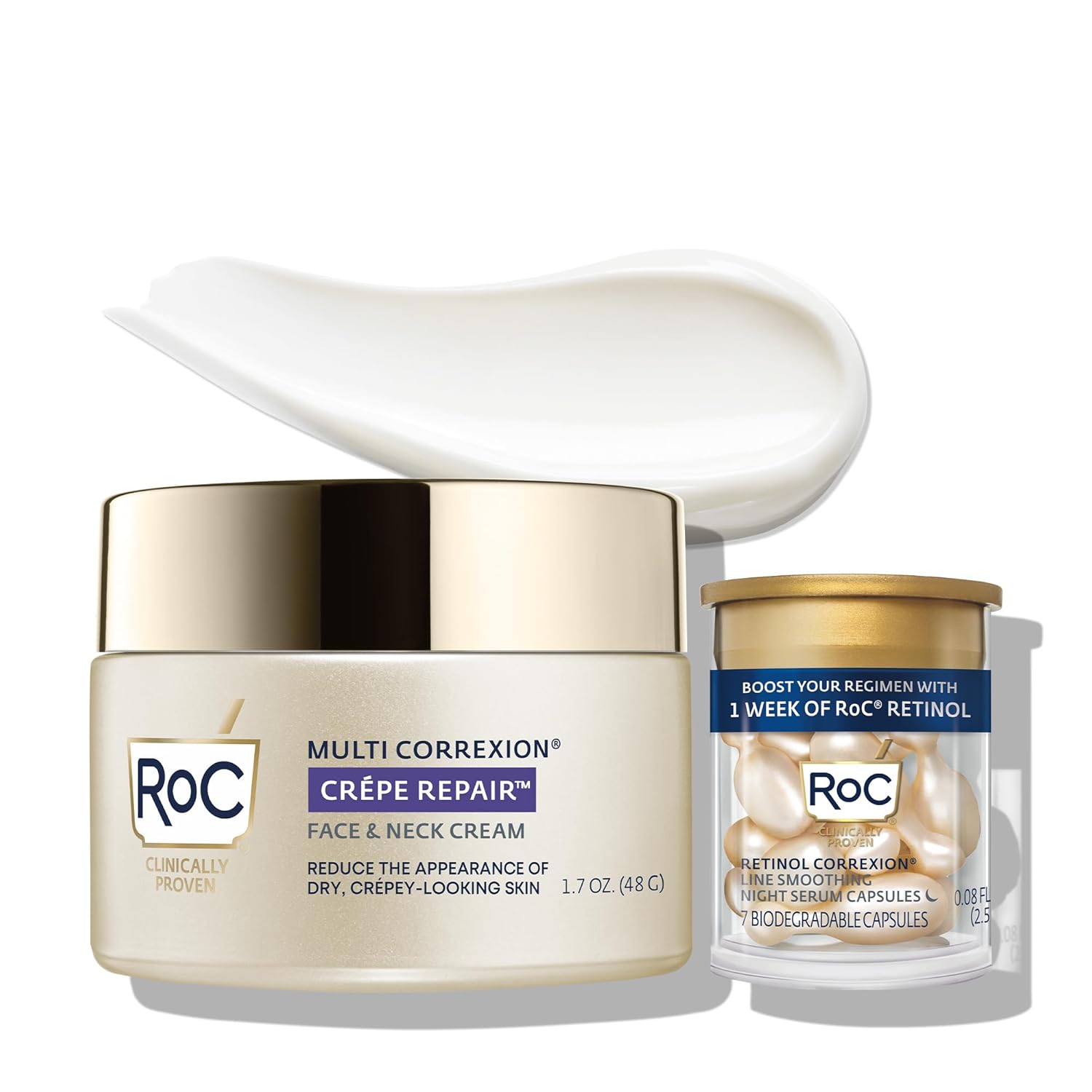 Roc Crepe Repair Anti Aging Daily Face Moisturizer & Neck Firming Cream (1.7 Oz) + Roc Retinol Wrinkle Smoothing Capsules (7 Ct), Skin Care Routine For Women And Men