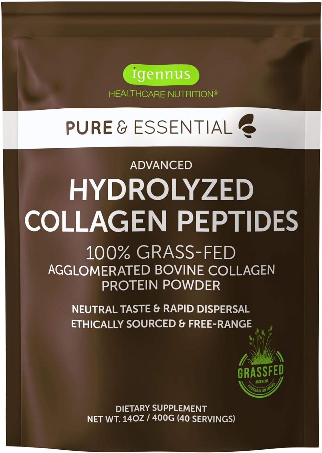 100% Grass Fed Bovine Collagen Protein Powder, Collagen Types 1, 2 & 3, Advanced Hydrolyzed Collagen Peptides, Non-Gmo, Free Range, Gluten & Dairy Free, Easy Mix, 40 Servings, Pure & Essential