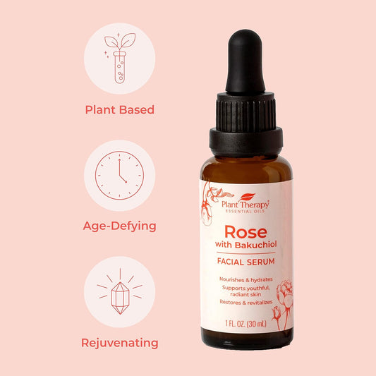 Plant Therapy Rose with Bakuchiol Facial Serum 1 oz with Rose Extract, Rosehip Seed Oil, and Carrot Seed Oil, Reduces the Appearance of Fine Lines & Wrinkles