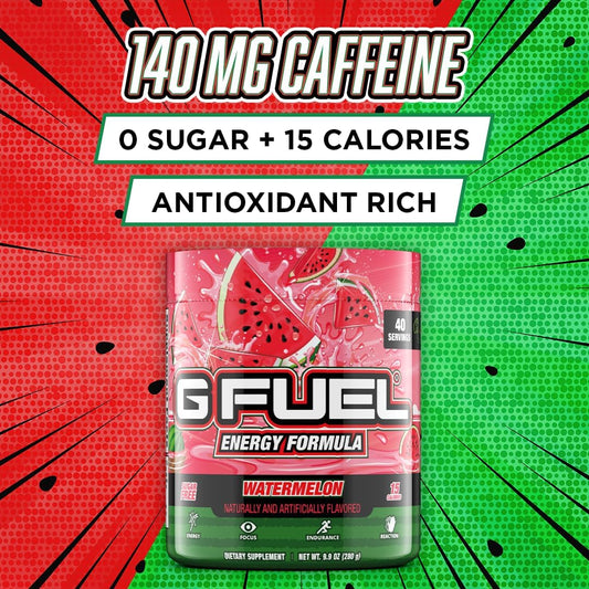 G Fuel Watermelon Energy Drink Powder, Pre Workout Caffeine Mix For Gaming, Sugar Free Focus Amino, Vitamin + Antioxidants, 9.9Oz (Watermelon, 40 Servings)