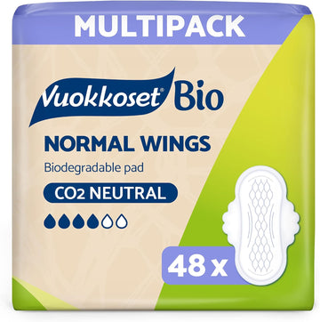 Vuokkoset Eco Normal Wings - Biodegradable Thin 8.9 Inch Sanitary Towel Multipack 48 pcs for Sensitive Skin | Organic Cotton | Free of Dyes, Fragrances & Chlorine | Eco-Friendly, Absorbent Core |