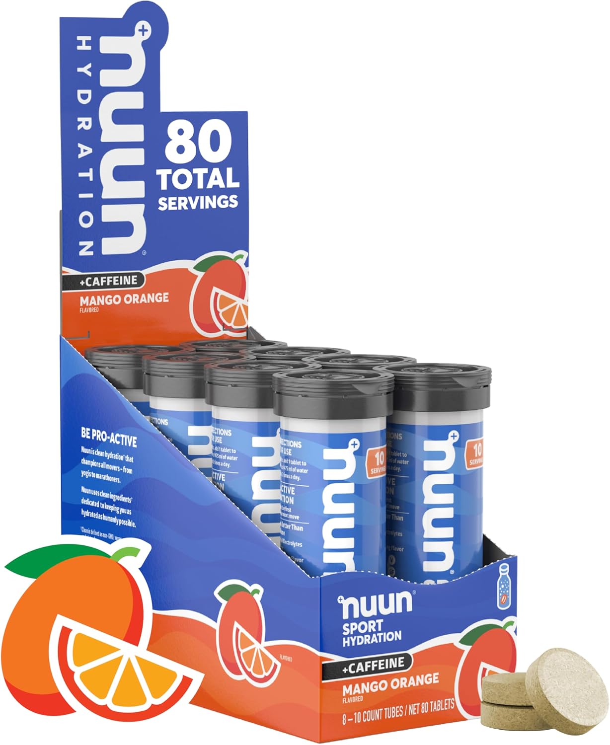 Nuun Sport + Caffeine Electrolyte Tablets For Proactive Hydration, Mango Orange, 8 Pack (80 Servings)