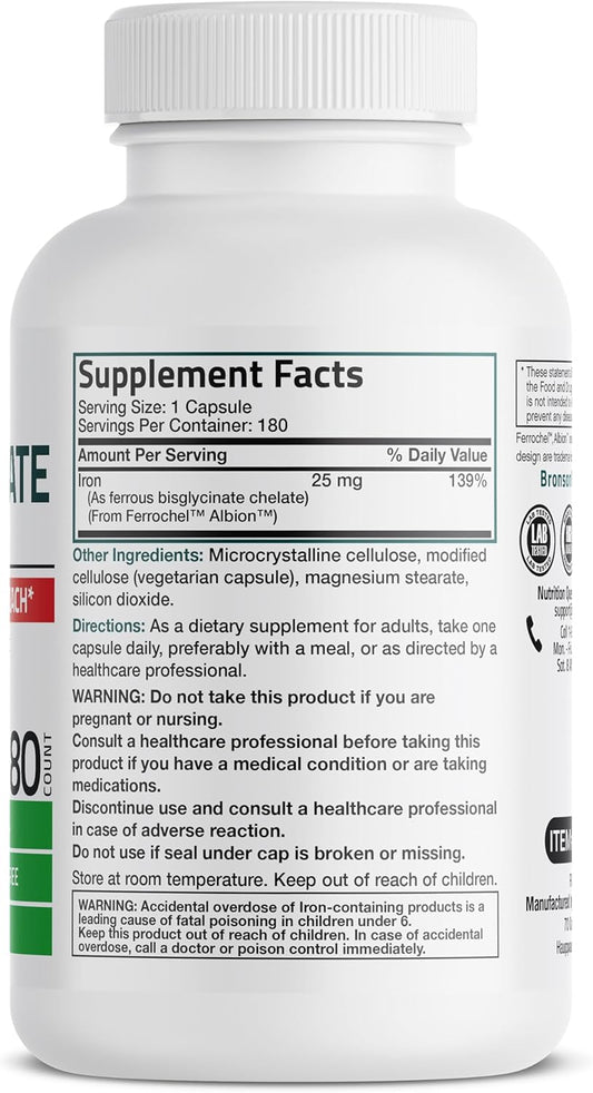 Bronson Iron Bisglycinate 25 Mg Gentle On The Stomach, Supports Energy & Healthy Red Blood Cell Production - Non-Constipating Formula - Non Gmo