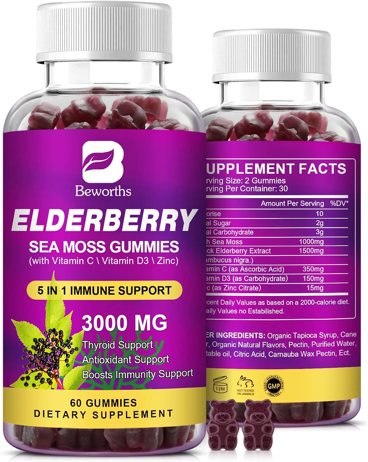 Elderberry Gummies & Irish Sea Moss, Organic Sambucus Elderberry Gummy With Seamoss, Zinc, Vitamin C, D3, Multivitamin Elderberry Vitamin Immune & Energy Support Supplements - Sugar-Free