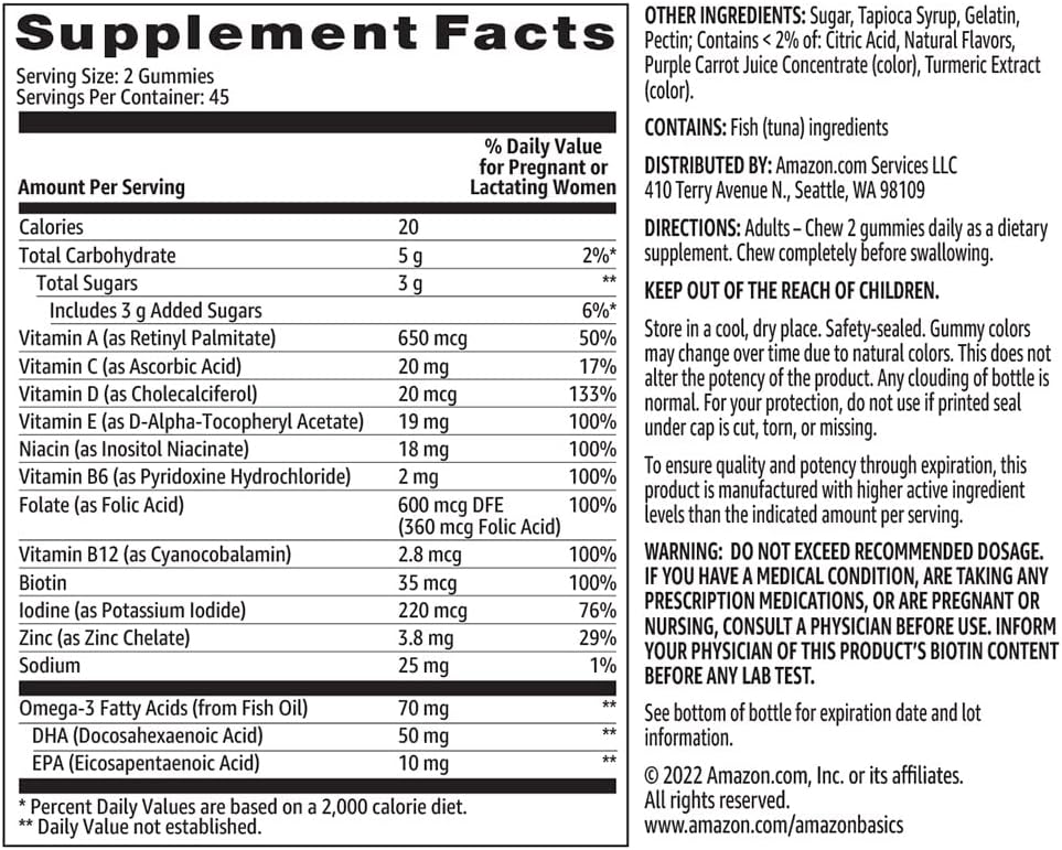 Amazon Basics Prenatal & DHA Gummy, Rasberry & Lemon Flavor, 90 Count (Previously Solimo) : Health & Household