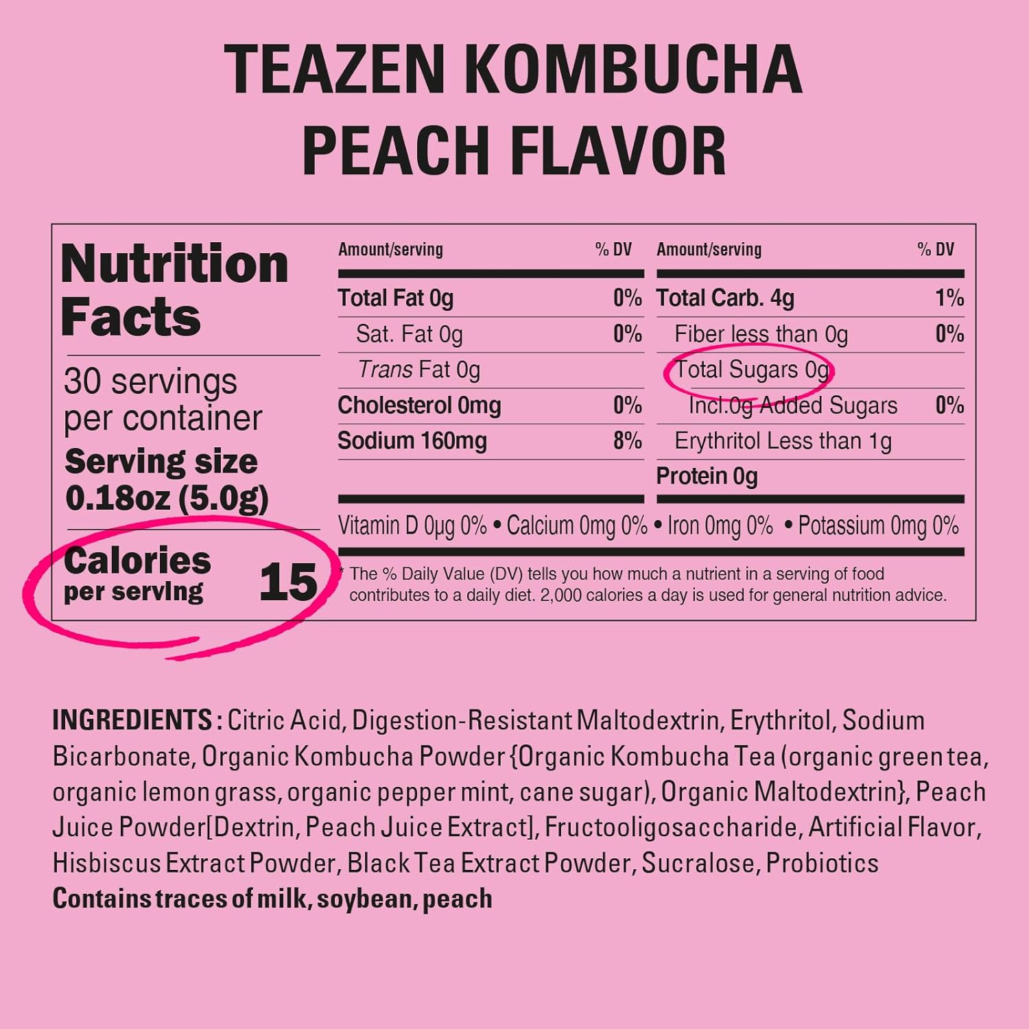 Teazen Peach Kombucha Tea, Hydration Drink Mix, Sugar Free, Live Probiotics & Prebiotics, 30 Sticks, 5.29Oz