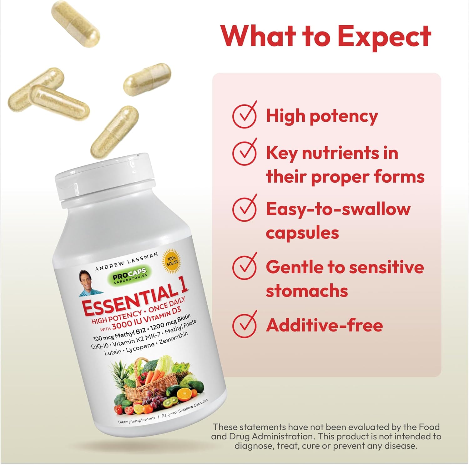 Andrew Lessman Essential-1 Multivitamin 3000 Iu Vitamin D3 180 Small Capsules – 100 Mcg Methyl B12. Coq10 Lutein Lycopene Zeaxanthin. High Potency. No Additives. Gentle Ultra-Mild. One Daily Capsule