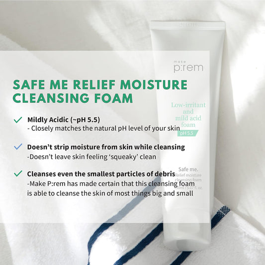 Makeprem Safe Me Relief Moisture Cleansing Foam, 5 Oz - Hydrating, Gentle, Non-Stripping, Ph 5.5, Sub-Acidic, Age-Defying, Chemical-Free