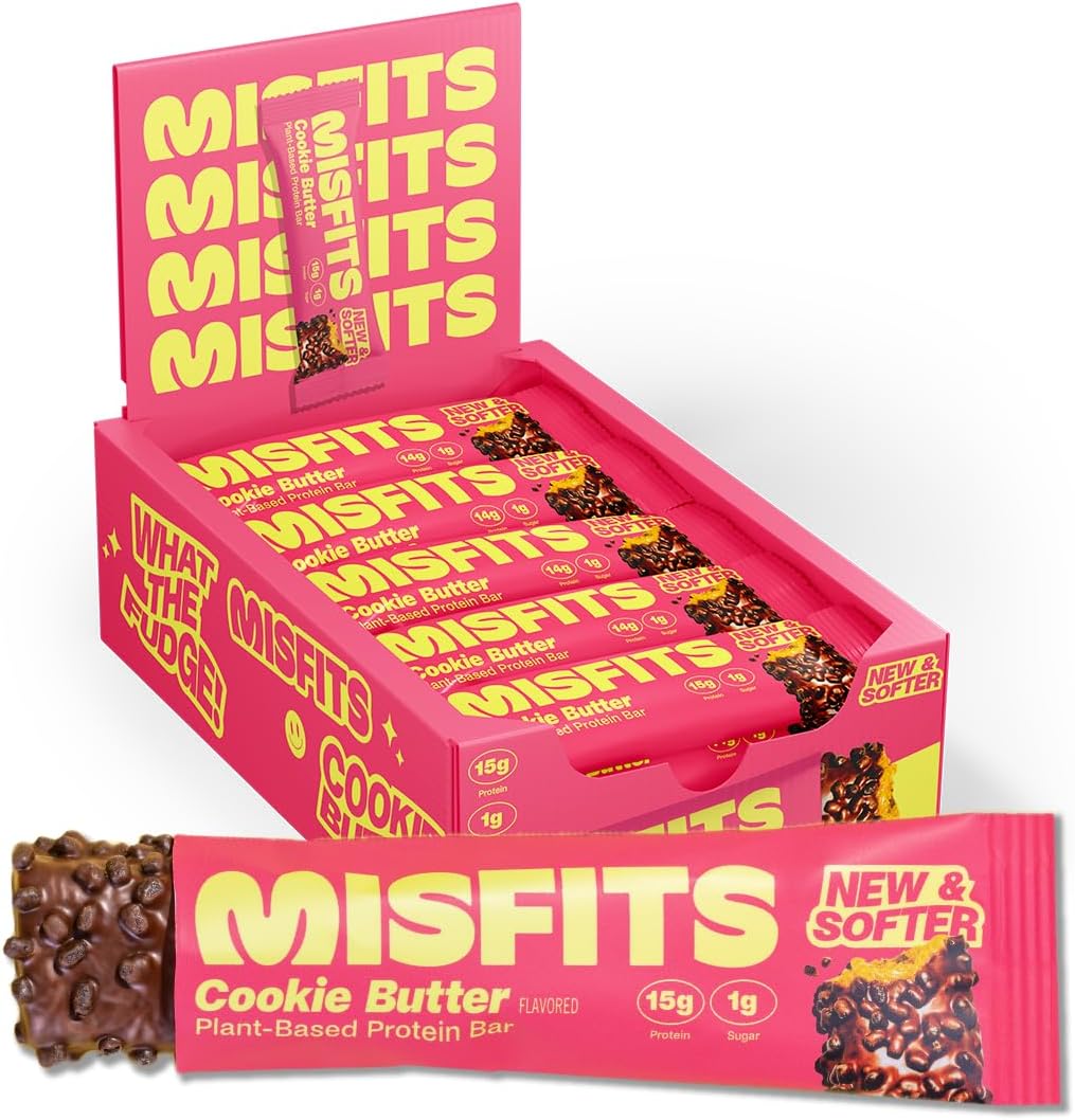 Misfits Vegan Protein Bars, Cookie Butter - Updated Recipe | Low Sugar & Carb, High Fibre Snacks | Pack Of 15