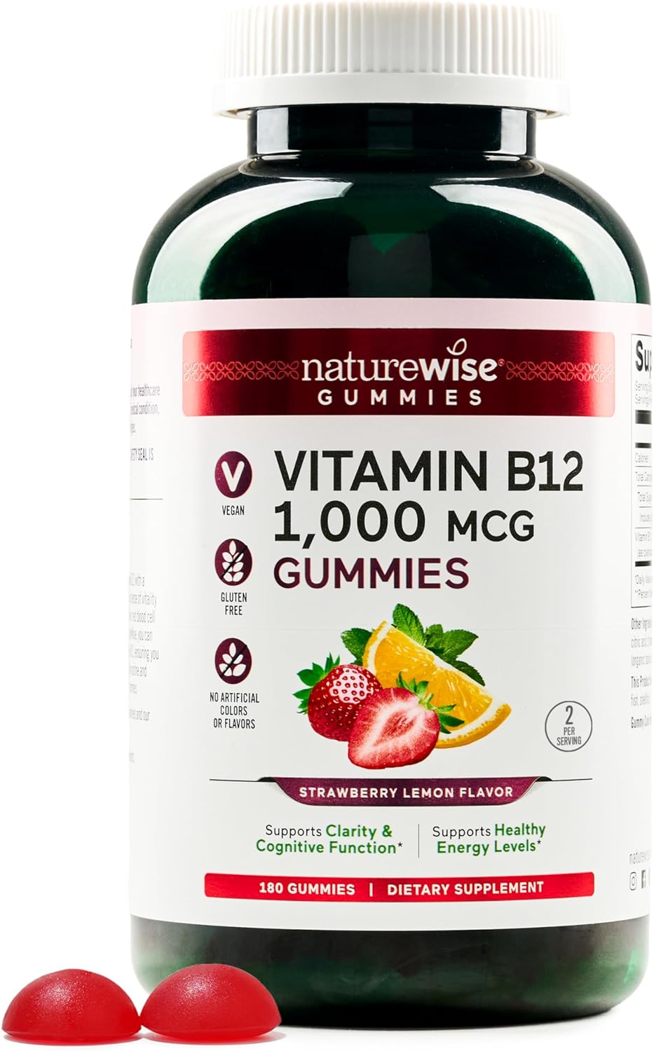 Naturewise Vitamin B12 Gummies For Adults, 1000 Mcg - Strawberry Lemon Flavor - Supports Daily Energy, Mental Clarity, Cognitive Function - Vegan, Gluten-Free, Non-Gmo - 180 Count[3-Month Supply]