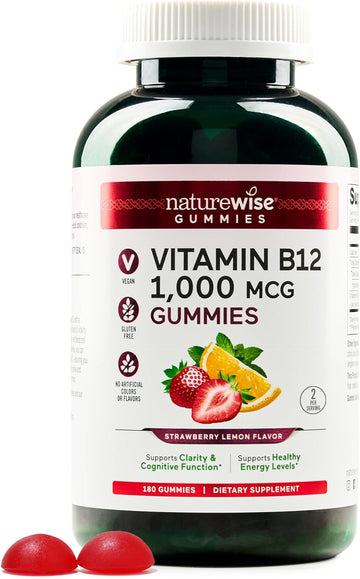 Naturewise Vitamin B12 Gummies For Adults, 1000 Mcg - Strawberry Lemon Flavor - Supports Daily Energy, Mental Clarity, Cognitive Function - Vegan, Gluten-Free, Non-Gmo - 180 Count[3-Month Supply]