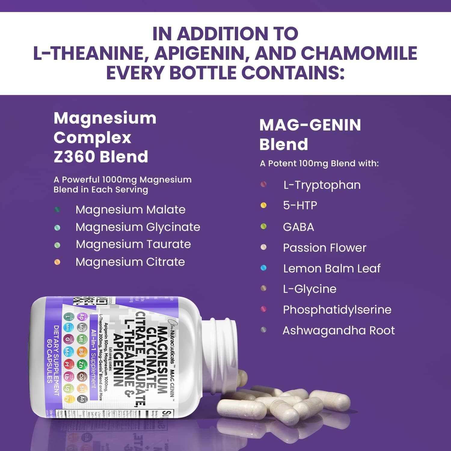 Magnesium Glycinate Complex 1000mg with L-Theanine 200mg Apigenin 50mg Citrate Taurate Supplement - 5-HTP GABA Passion Flower Lemon Balm L-Glycine Phosphatidylserine Ashwagandha - 60 Count : Health & Household