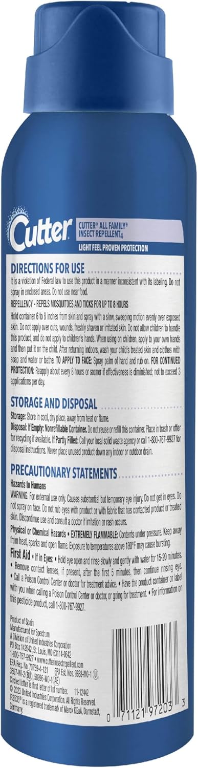 Cutter All Family Insect Repellent, 4 Ounces, [Deet-Free] Alternative Lightweight Aerosol Spray Repels Mosquitoes And Ticks For Up To 8 Hours Of Complete Protection For The Entire Family