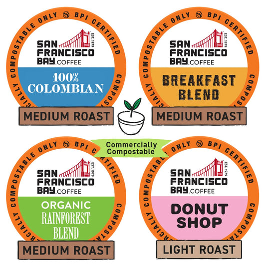 San Francisco Bay Compostable Coffee Pods - Variety Pack Medium Roast (40 Ct) K Cup Compatible including Keurig 2.0, Colombian, Breakfast, Organic Rainforest, Donut Shop