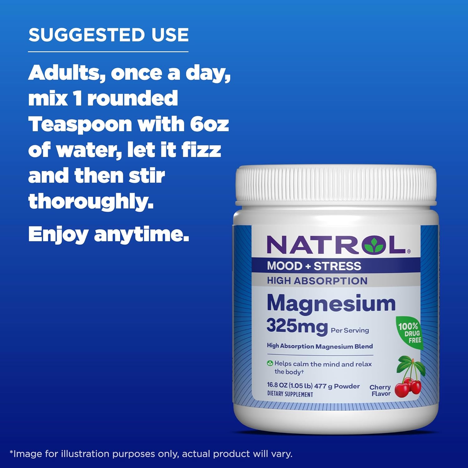 Natrol Mood + Stress Magnesium Carbonate And Magnesium Glycinate Blend 325Mg With Potassium 232Mg, Dietary Supplement Occasional Stress Support, 16.8 Oz Cherry-Flavored Powder, 45-Day Supply