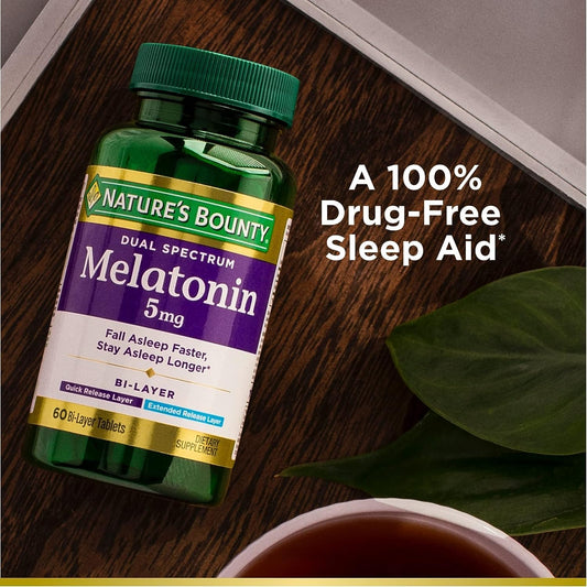 Nature'S Bounty Melatonin 5Mg Dual Spectrum, 100% Drug Free Sleep Supplement, Quick Release And Extended Release, Promotes Relaxation And Sleep Health, 60 Bi-Layer Tablets