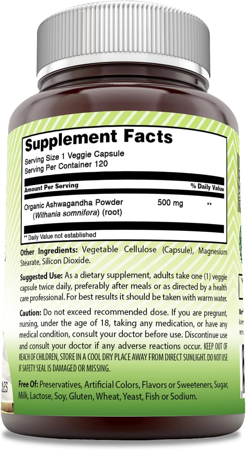 Amazing India Ashwagandha Supplement | 500 Mg Per Serving | 120 Veggie Capsules | Non-Gmo | Gluten Free | Made In Usa | Ideal For Vegetarians : Health & Household