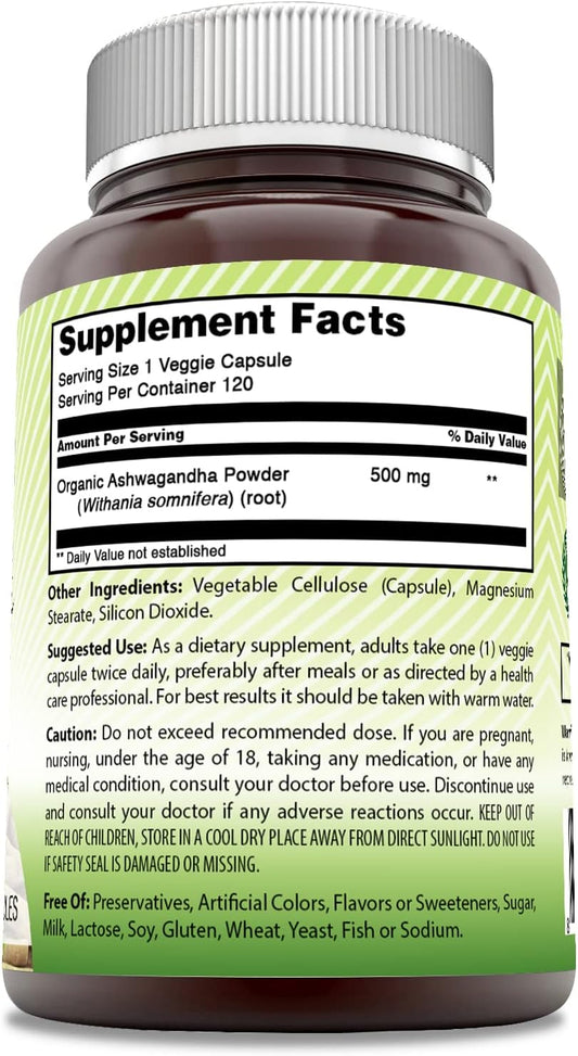 Amazing India Natural Ashwagandha | 500 Mg Per Serving | Veggie Capsules | Non-Gmo | Gluten Free | Made In Usa (250)