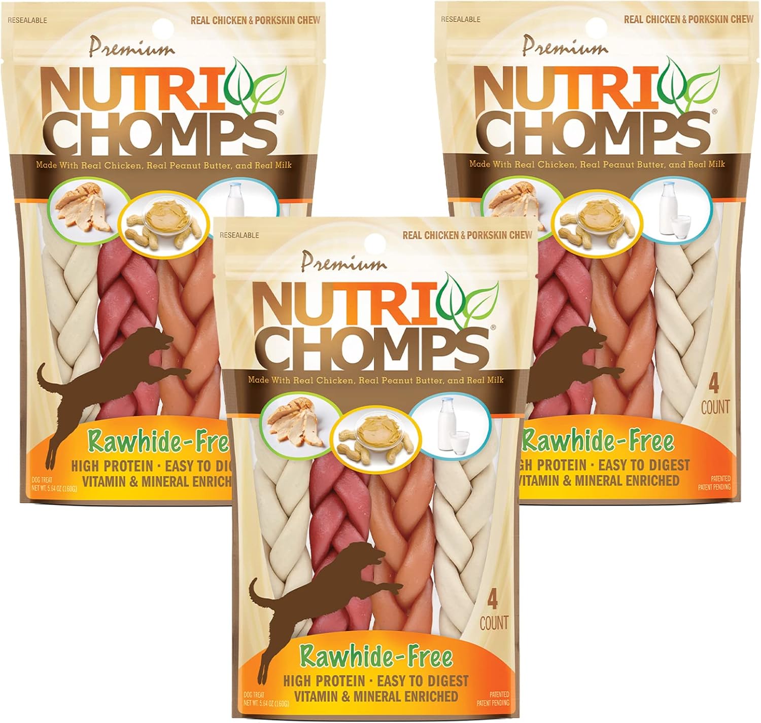 Nutrichomps Dog Chews- 6-Inch Braids,Easy To Digest, Rawhide-Free Dog Treats, Healthy, 4 Count, Real Chicken, Peanut Butter And Milk Flavors, Bundle Of 3