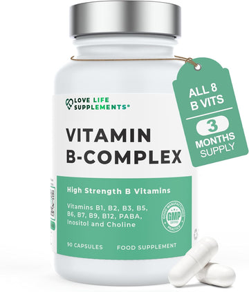 Vitamin B Complex High Strength | 90 Capsules - 90 Day Supply | All 9 B Vitamins B1-B2-B3-B5-B6-B7-B9-B10-B12, Inositol And Choline | Completely Clean - No Fillers | Love Life Supplements