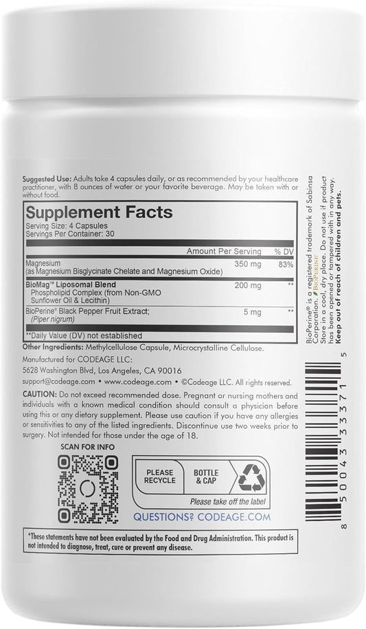 Codeage High Absorption Liposomal Magnesium Glycinate Pills - Magnesium Bisglycinate Supplement - Vegan Capsules With Bioperine For Bioavailability, Bisglycinate Mineral Supplement - 120 Ct