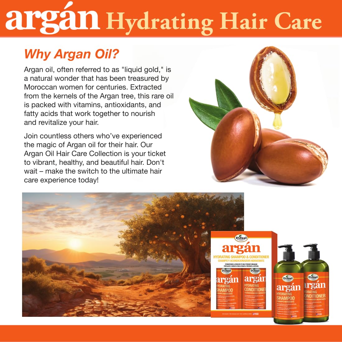 Difeel Argan Hydrating Premium Hair Oil 8 oz. - Hair Oil for Dry Hair and Natural Hair Oil Treatment : Beauty & Personal Care