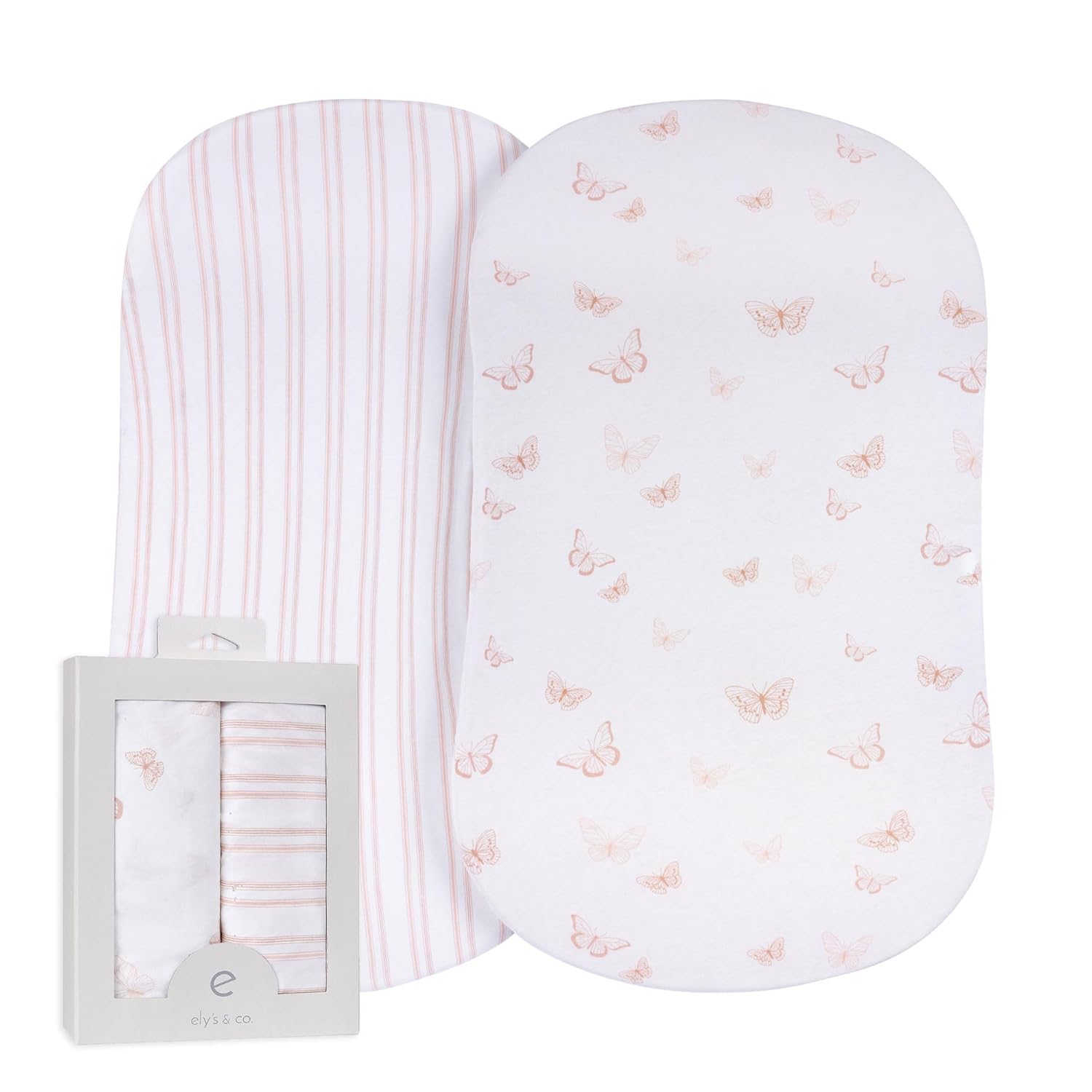 Ely'S & Co. Fitted Bassinet Sheet 100% Jersey Cotton 2 Pack For Baby Girl - Pink Butterflies + Stripes