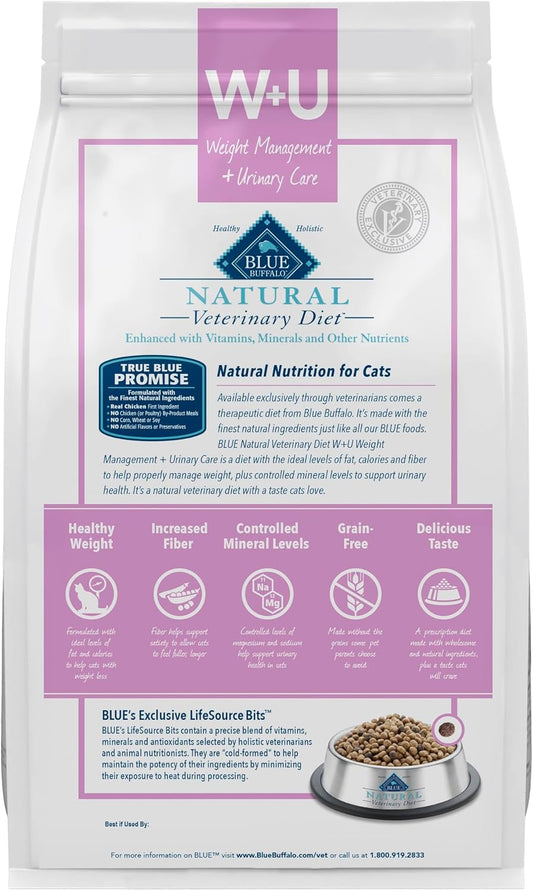 Blue Buffalo Natural Veterinary Diet W+U Weight Management + Urinary Care Dry Cat Food, Veterinarian Prescription Required, Chicken, 6.5-Lb. Bag