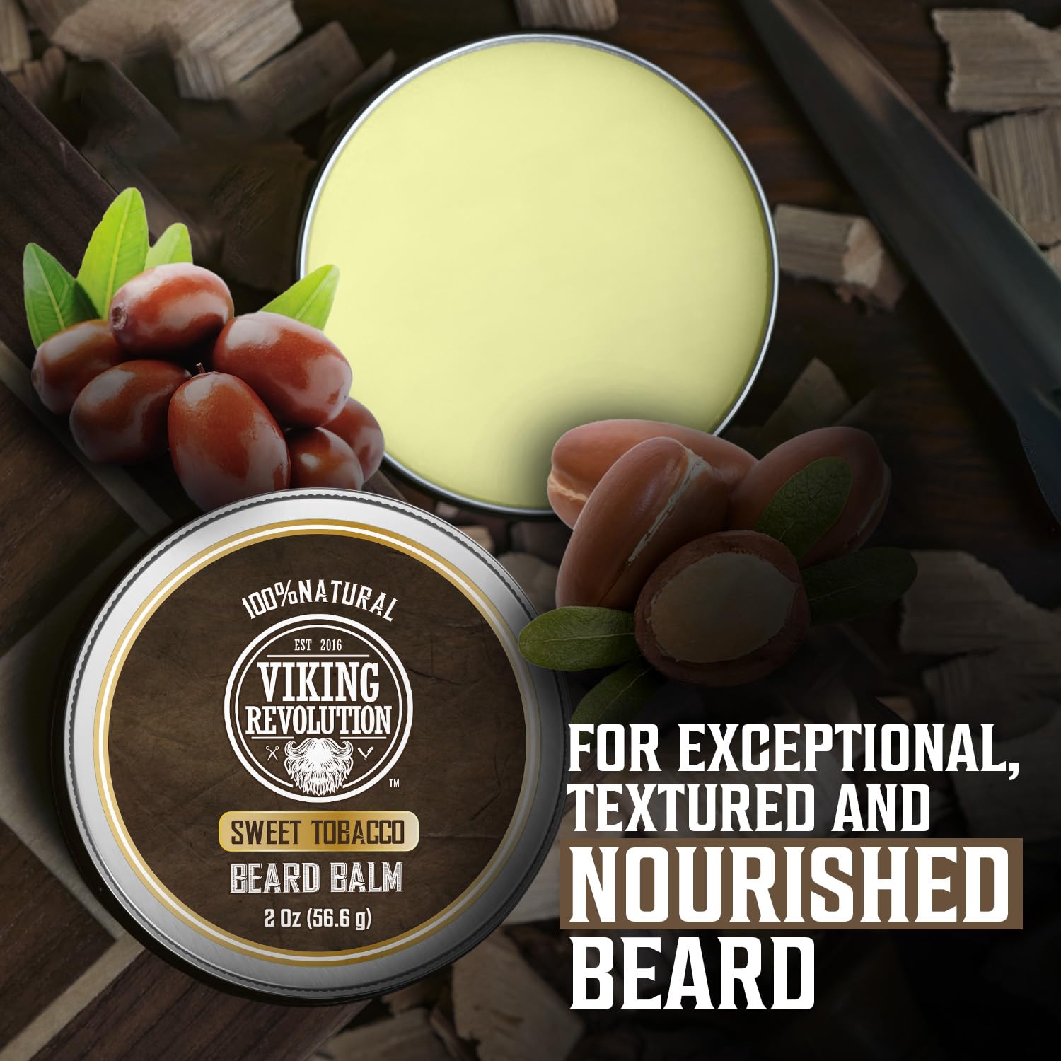 Viking Revolution Sweet Tobacco Beard Balm - Beard Butter with Argan Oil, Beard Softener for Men with Jojoba Oil - Beard Moisturizer for Men with Beeswax - Beard Wax for Men (2oz, 2 Pack) : Beauty & Personal Care