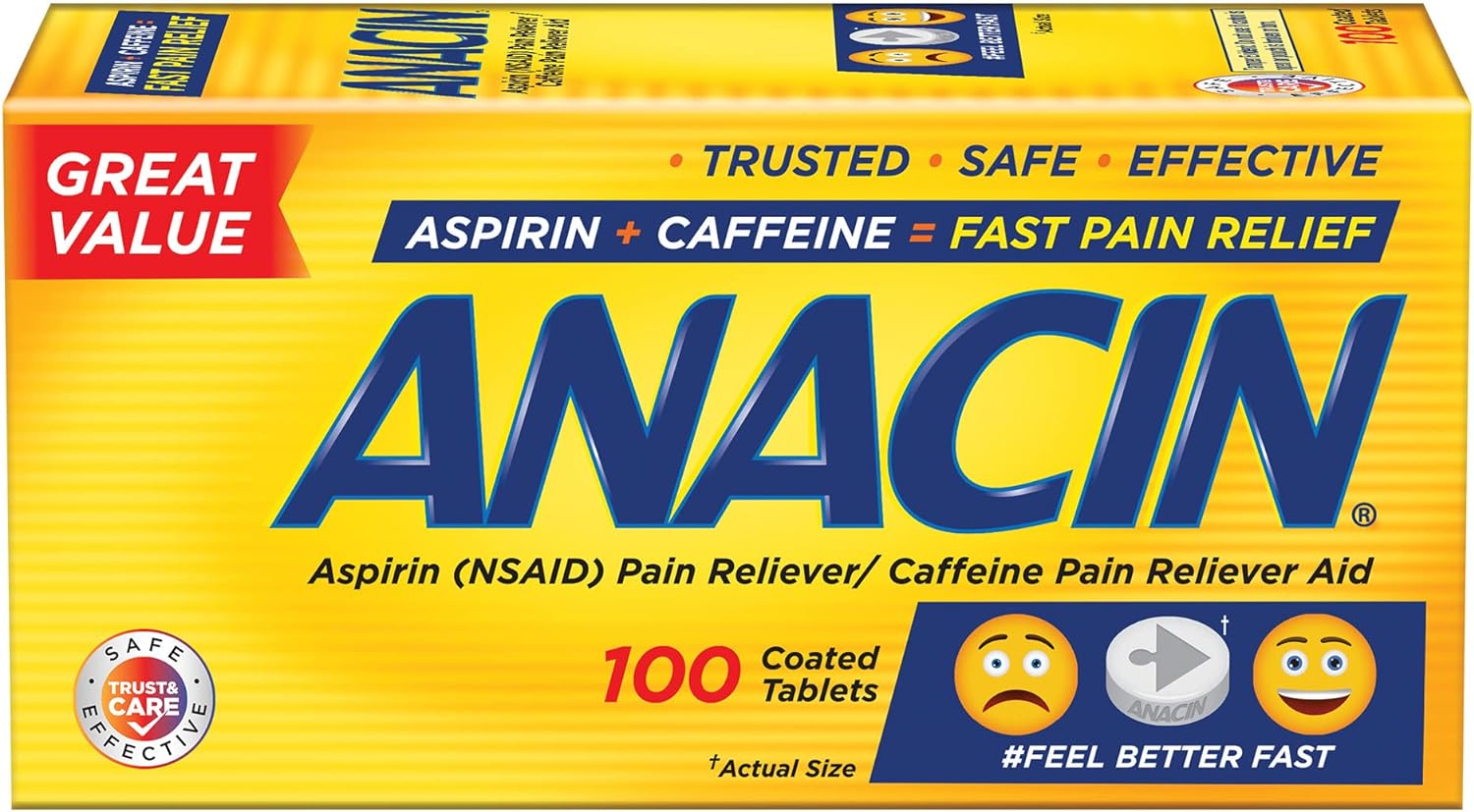 Anacin Fast Pain Relief, Aspirin + Caffeine Pain Reliever, 100 coated