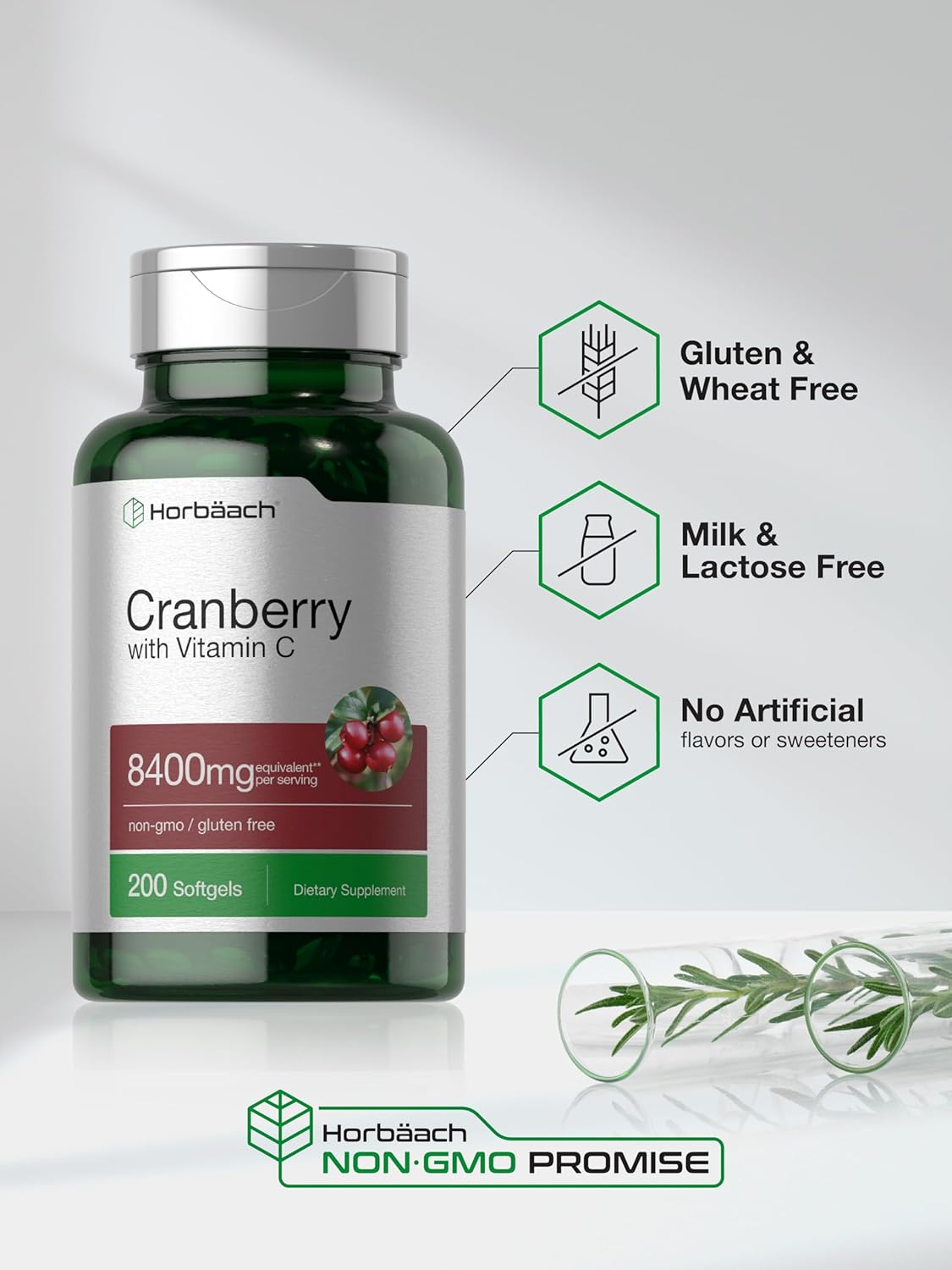 Horbäach Cranberry Pills with Vitamin C | 8400mg | 200 Softgels | Concentrate Extract Supplement | Non-GMO, Gluten Free : Health & Household