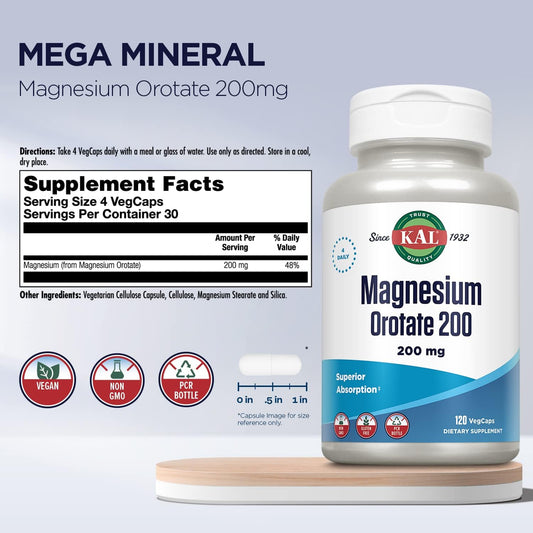 Kal Magnesium Orotate 200 Mg, Superior Absorption Formula, Chelated Magnesium For Healthy Bones, Teeth, Nerve And Muscle Function, Vegetarian, Non-Gmo, Gluten Free, 30 Servings, 120 Vegcaps