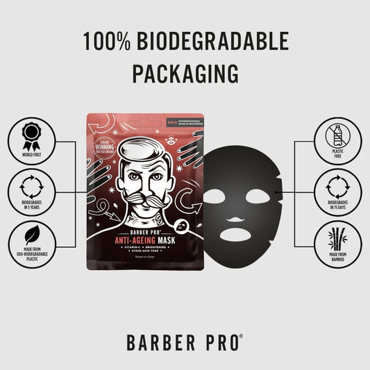 Barber Pro Anti-Ageing Mens Face Mask Vitamin C Moisturising For Dark Circles Redness & Wrinkles Natural Bamboo Sheet Hydration Vegan Skincare Multi Award Winning Brand
