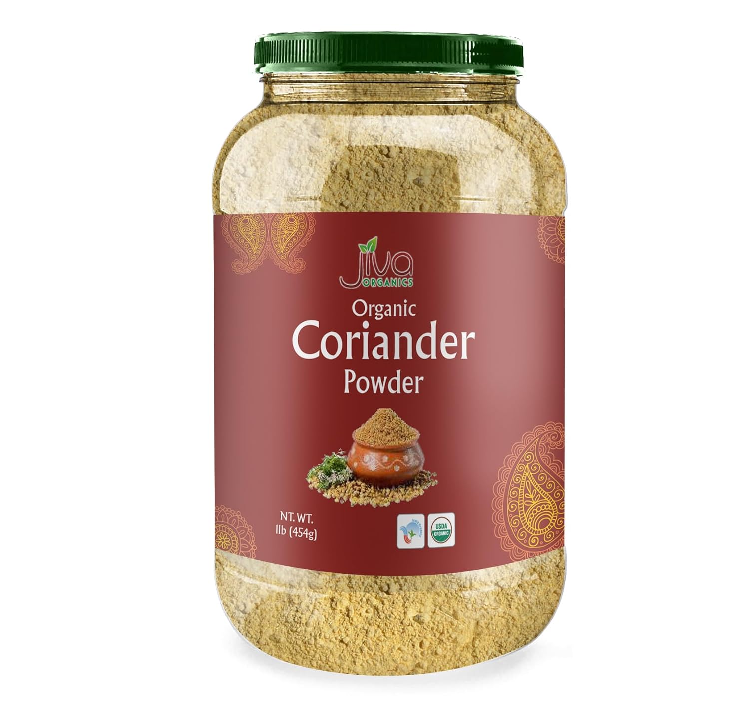 Jiva Organic Coriander Powder 1 Pound Large Jar (16oz) - Pure, Non-GMO, Lab Tested, 100% Raw Ground Coriander from India