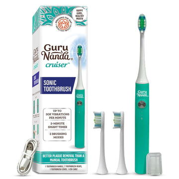 Gurunanda Cruiser Sonic Toothbrush With 2 Brush Heads, 1 Brush Cap, 1 Usb Cable - 2 Modes, 2-Minute Timer & More Than 30,000 Vibrations, Teal